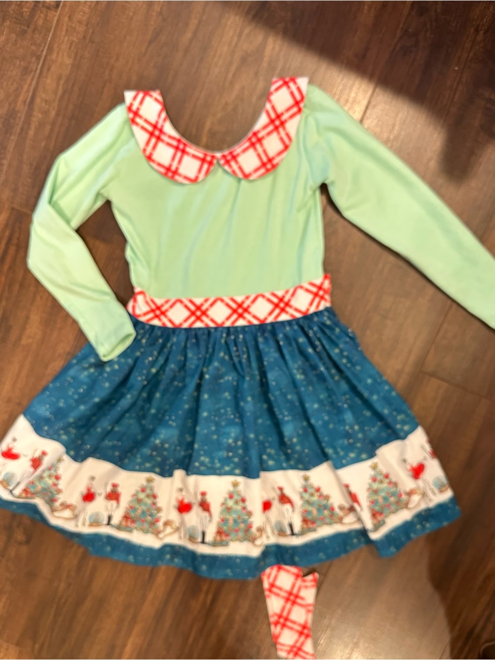 Girls' Holiday Plaid Collar Dress in Mint and Teal